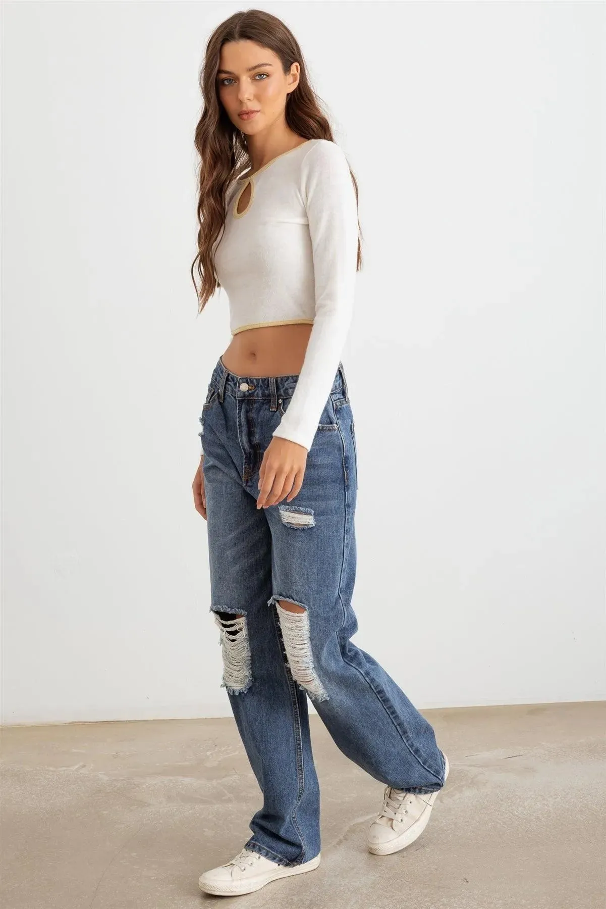 Ivory & Yellow Cut-Put Long Sleeve Crop Top /3-2-1