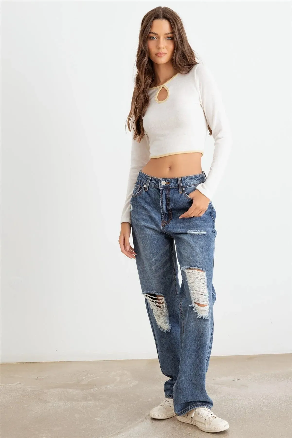 Ivory & Yellow Cut-Put Long Sleeve Crop Top /3-2-1