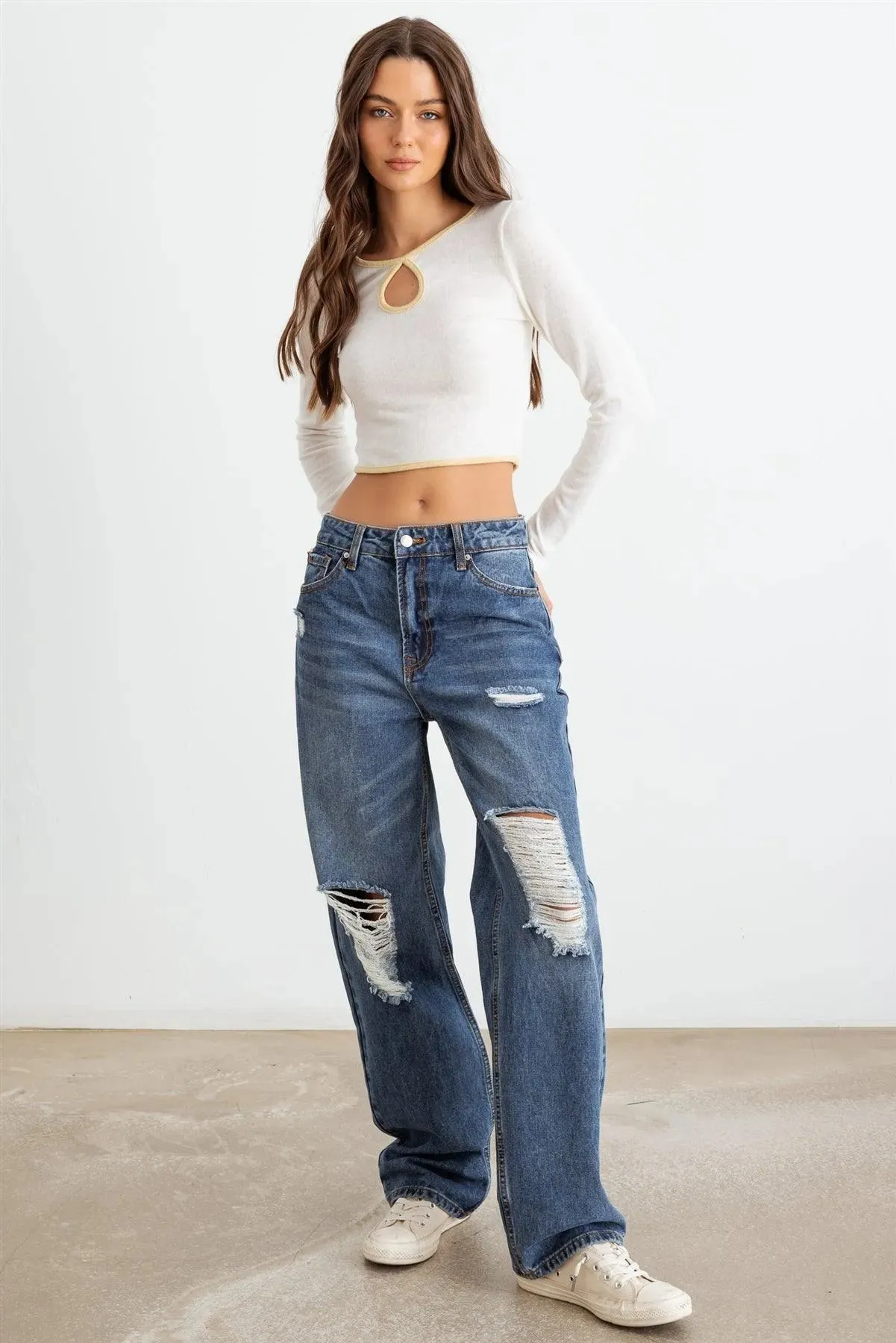 Ivory & Yellow Cut-Put Long Sleeve Crop Top /3-2-1