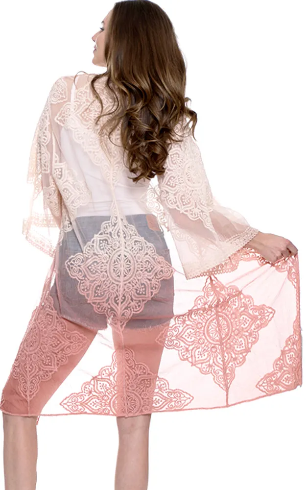 JP1610 Ombre Floral Lace Long Mesh Kimono