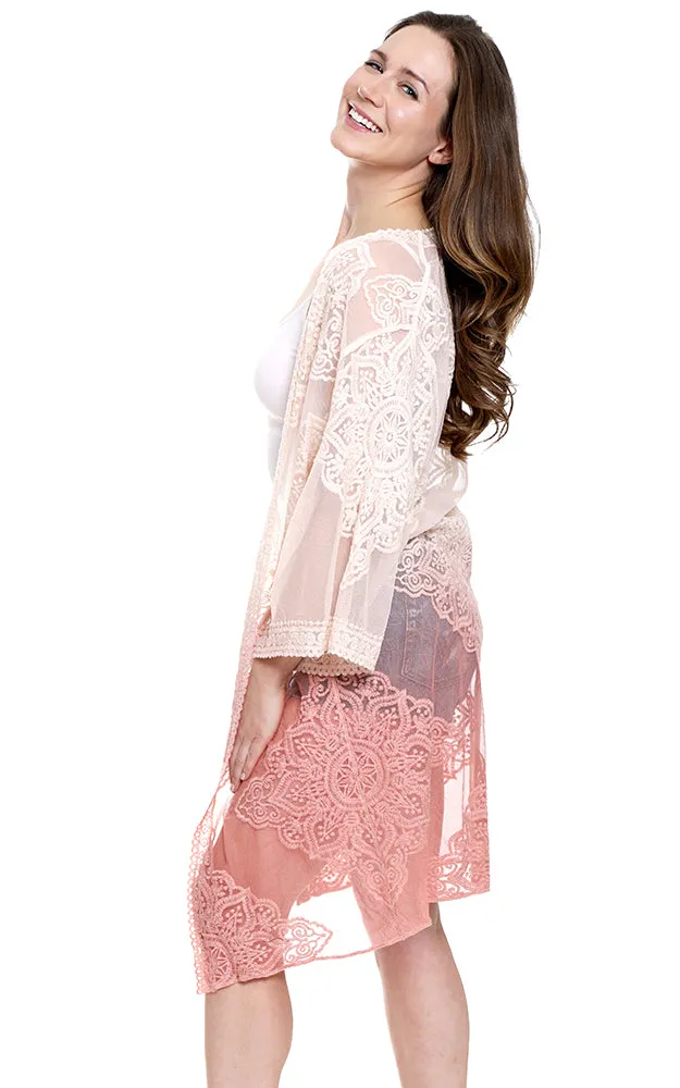 JP1610 Ombre Floral Lace Long Mesh Kimono