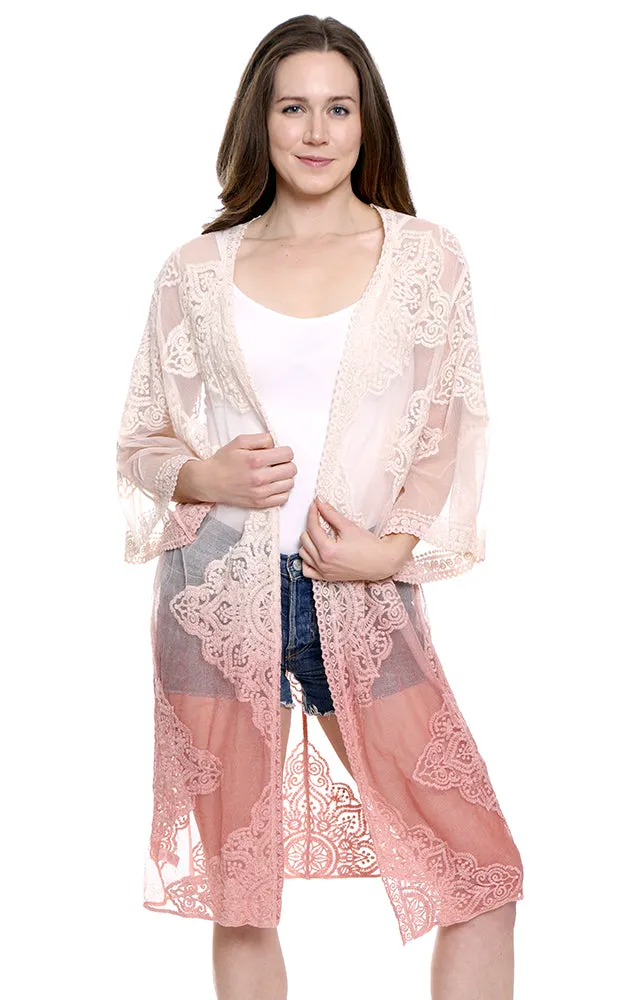 JP1610 Ombre Floral Lace Long Mesh Kimono