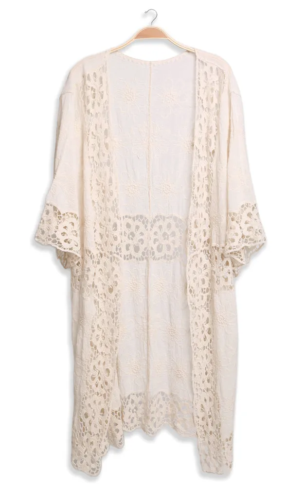 JP3000 Floral Lace Trim Kimono Cover Up