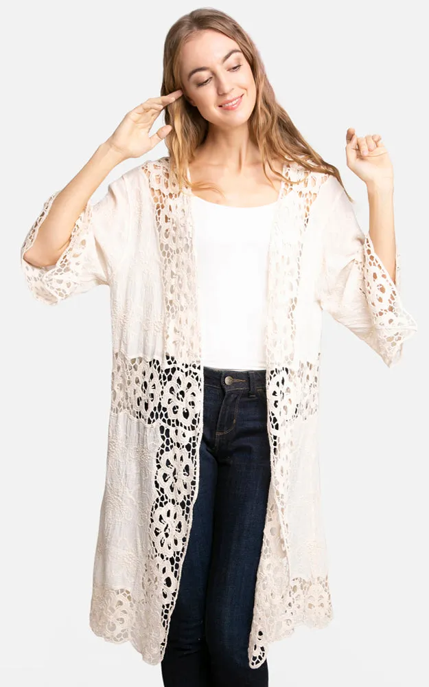JP3000 Floral Lace Trim Kimono Cover Up