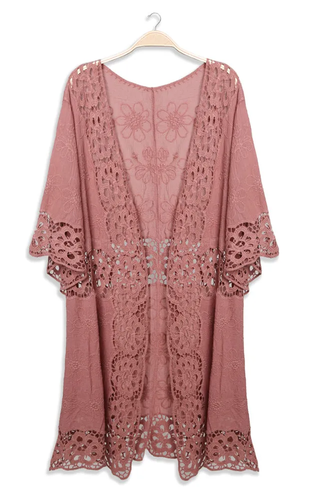 JP3000 Floral Lace Trim Kimono Cover Up