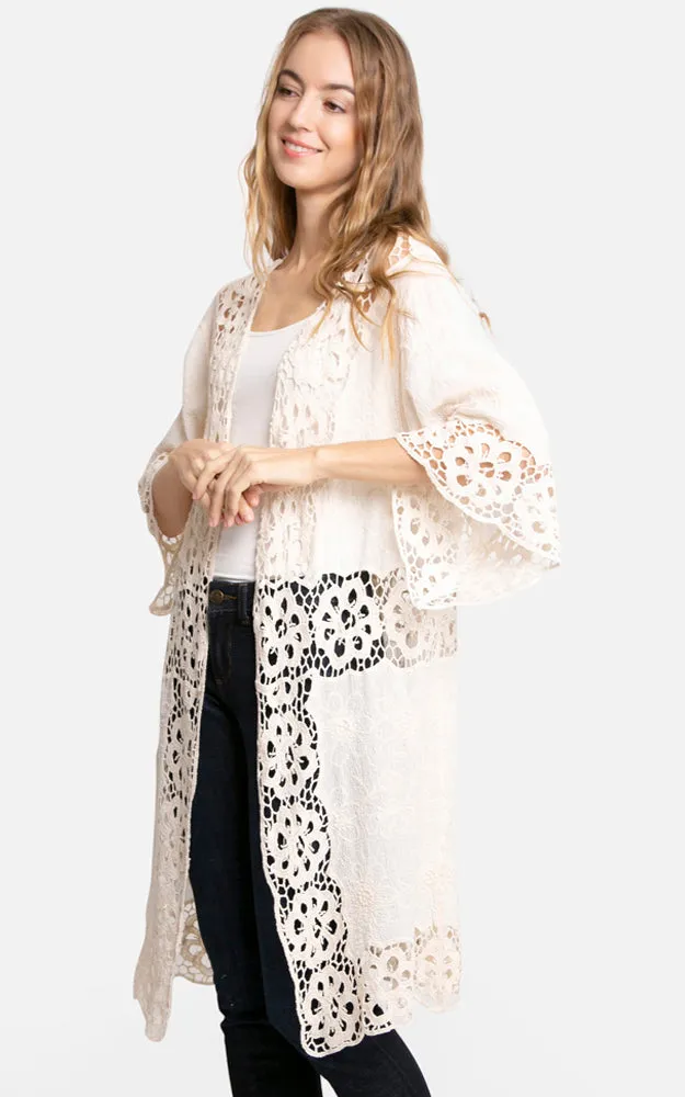 JP3000 Floral Lace Trim Kimono Cover Up