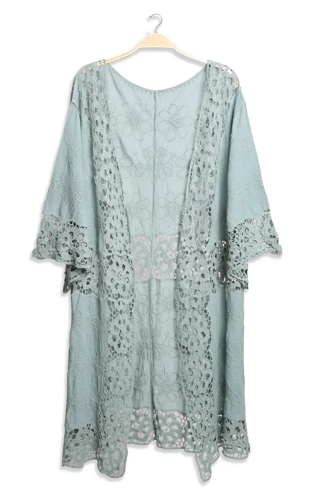 JP3000 Floral Lace Trim Kimono Cover Up