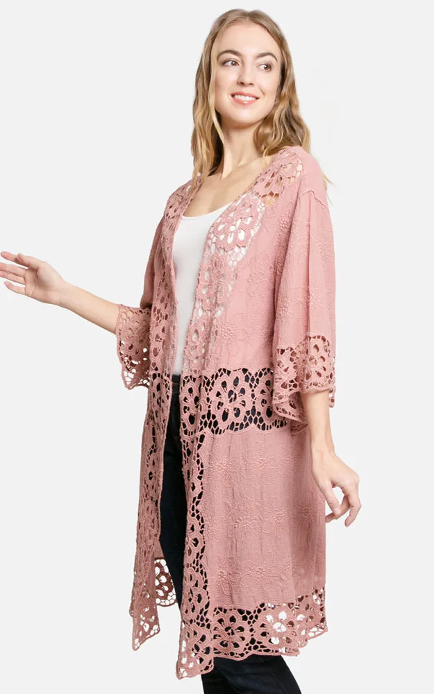 JP3000 Floral Lace Trim Kimono Cover Up