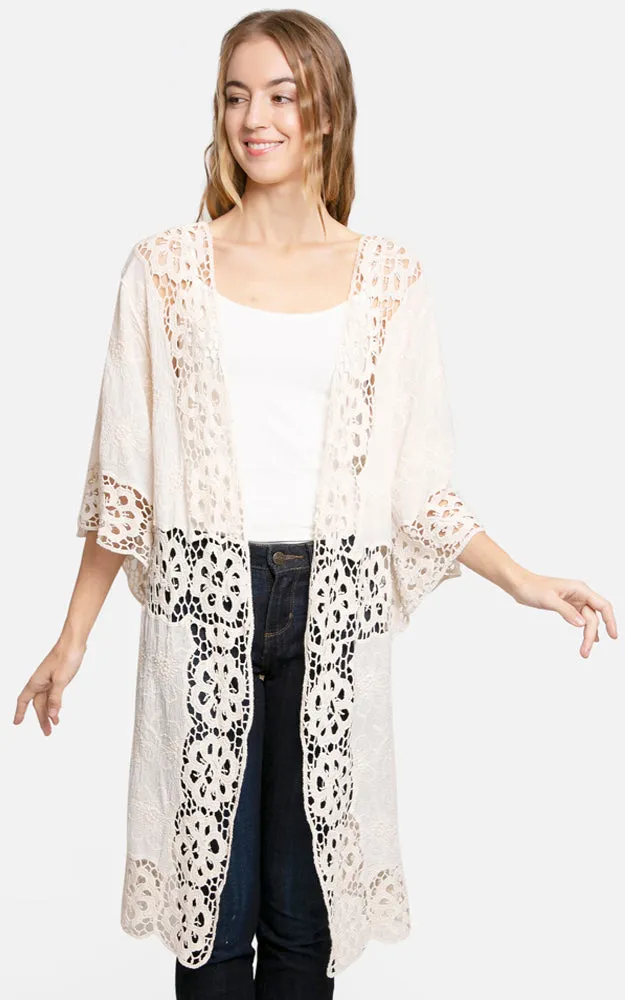 JP3000 Floral Lace Trim Kimono Cover Up