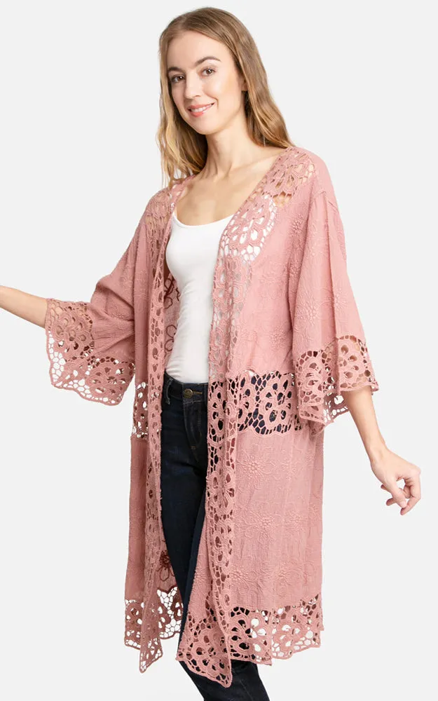 JP3000 Floral Lace Trim Kimono Cover Up