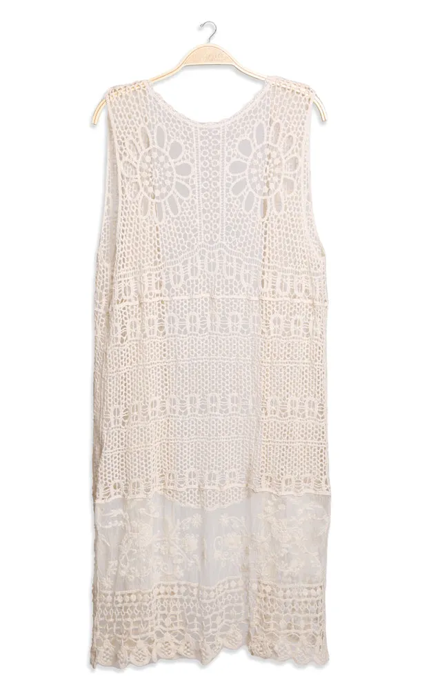 JP3017 Long Floral Crochet Vest Cover Up