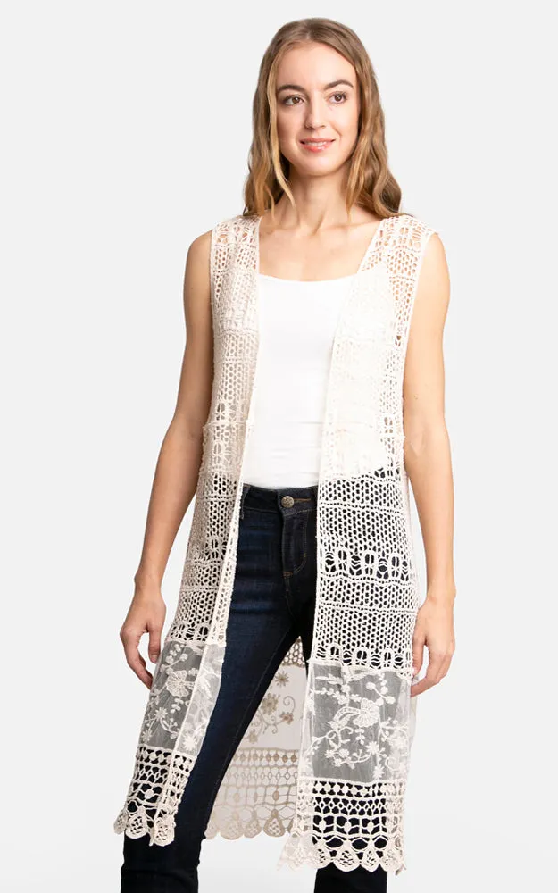 JP3017 Long Floral Crochet Vest Cover Up