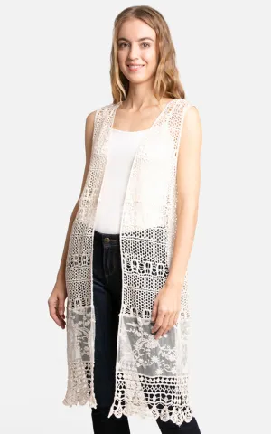 JP3017 Long Floral Crochet Vest Cover Up