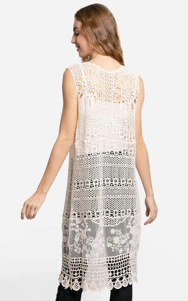 JP3017 Long Floral Crochet Vest Cover Up