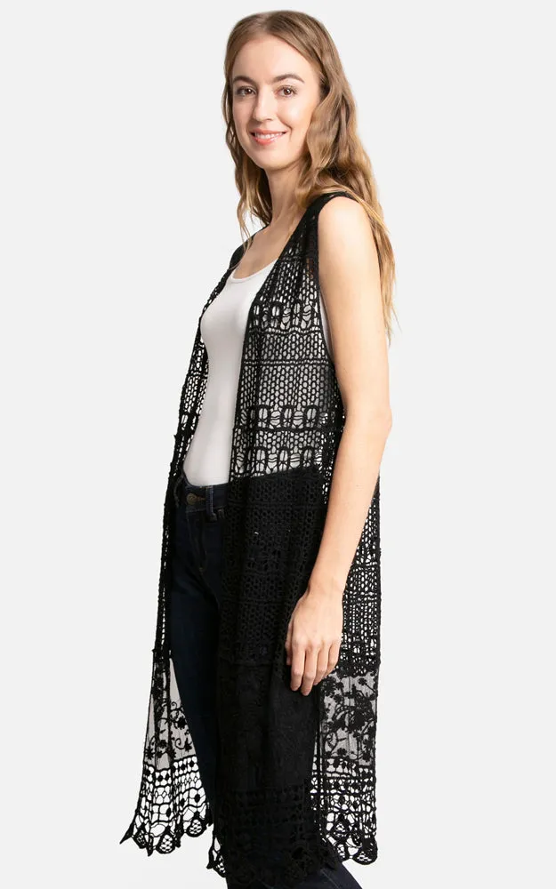 JP3017 Long Floral Crochet Vest Cover Up