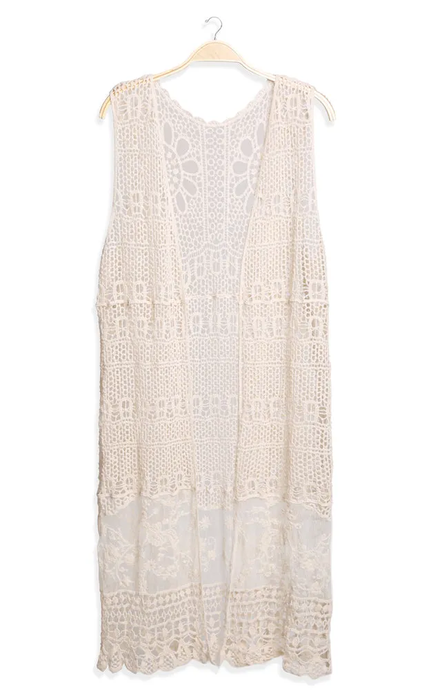 JP3017 Long Floral Crochet Vest Cover Up