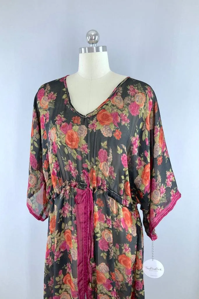 Kerala Kaftan / Sheer Black Floral Print