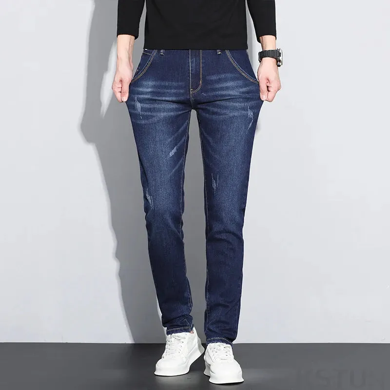KSTUN Men's Jeans Dark Blue Stretch Slim Straight Male Denim Pants Fashion Pockets Designer Patched Streetwear Mens Clothing