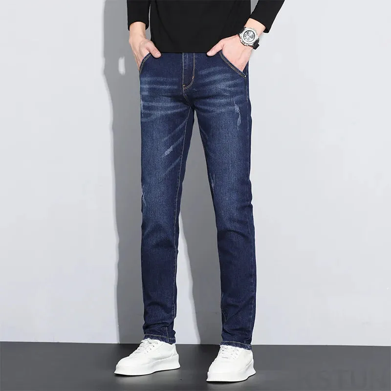 KSTUN Men's Jeans Dark Blue Stretch Slim Straight Male Denim Pants Fashion Pockets Designer Patched Streetwear Mens Clothing
