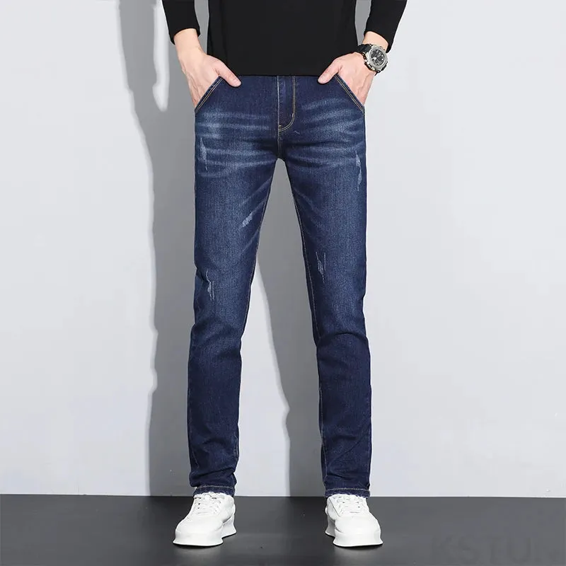 KSTUN Men's Jeans Dark Blue Stretch Slim Straight Male Denim Pants Fashion Pockets Designer Patched Streetwear Mens Clothing