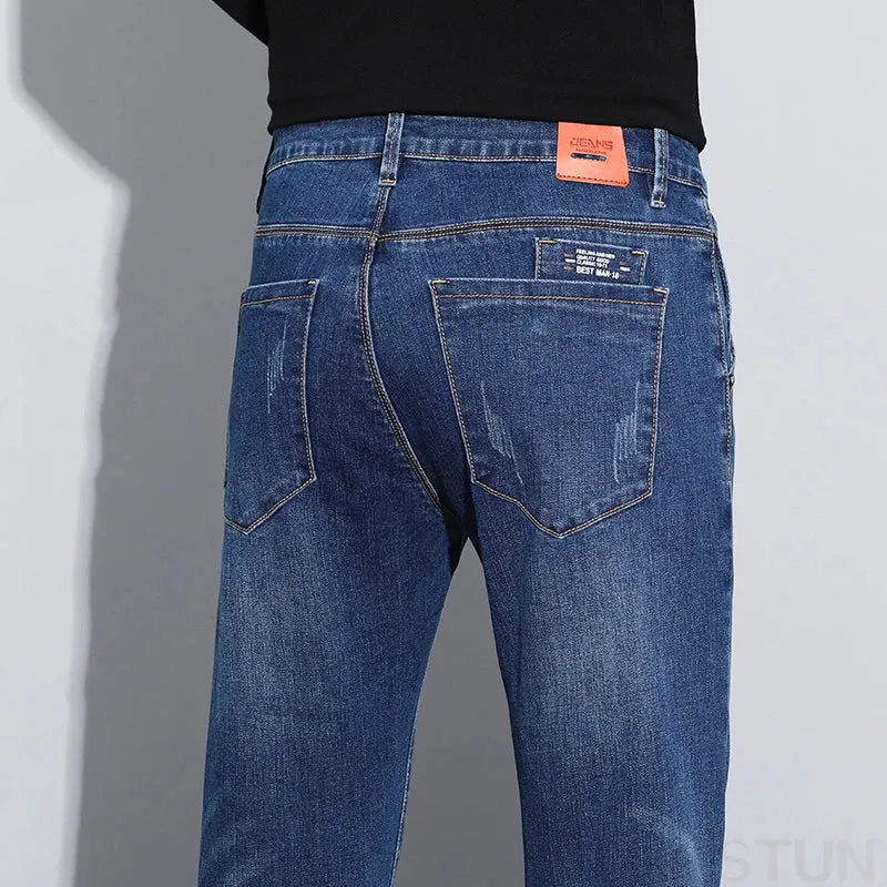 KSTUN Men's Jeans Dark Blue Stretch Slim Straight Male Denim Pants Fashion Pockets Designer Patched Streetwear Mens Clothing