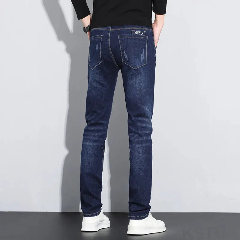 KSTUN Men's Jeans Dark Blue Stretch Slim Straight Male Denim Pants Fashion Pockets Designer Patched Streetwear Mens Clothing