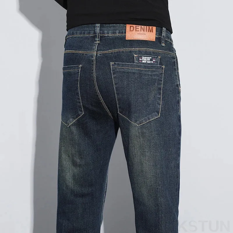 KSTUN Men's Jeans Dark Blue Stretch Slim Straight Male Denim Pants Fashion Pockets Designer Patched Streetwear Mens Clothing