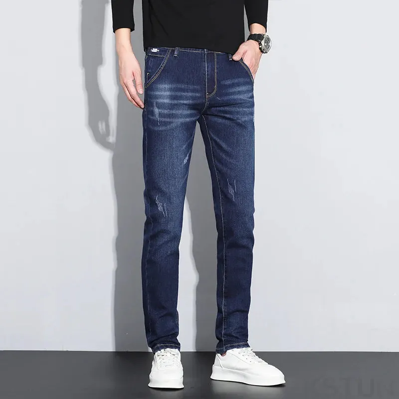 KSTUN Men's Jeans Dark Blue Stretch Slim Straight Male Denim Pants Fashion Pockets Designer Patched Streetwear Mens Clothing