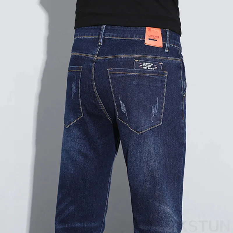 KSTUN Men's Jeans Dark Blue Stretch Slim Straight Male Denim Pants Fashion Pockets Designer Patched Streetwear Mens Clothing