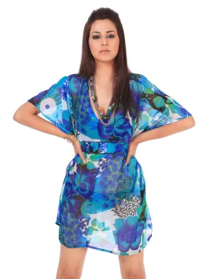 LA LEELA Women Swing Loose V Neck Short Sleeve Tunic Summer Dress US 10-14 Blue_G680