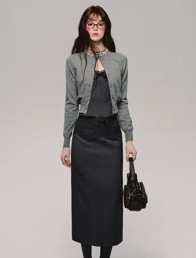 Lace Trim Satin Camisole/Skirt