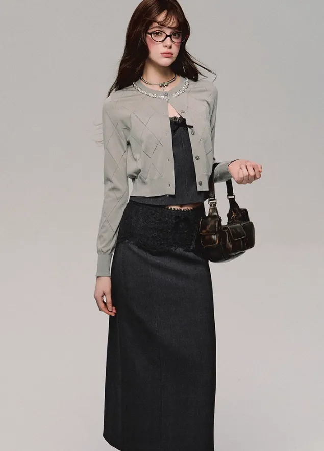 Lace Trim Satin Camisole/Skirt