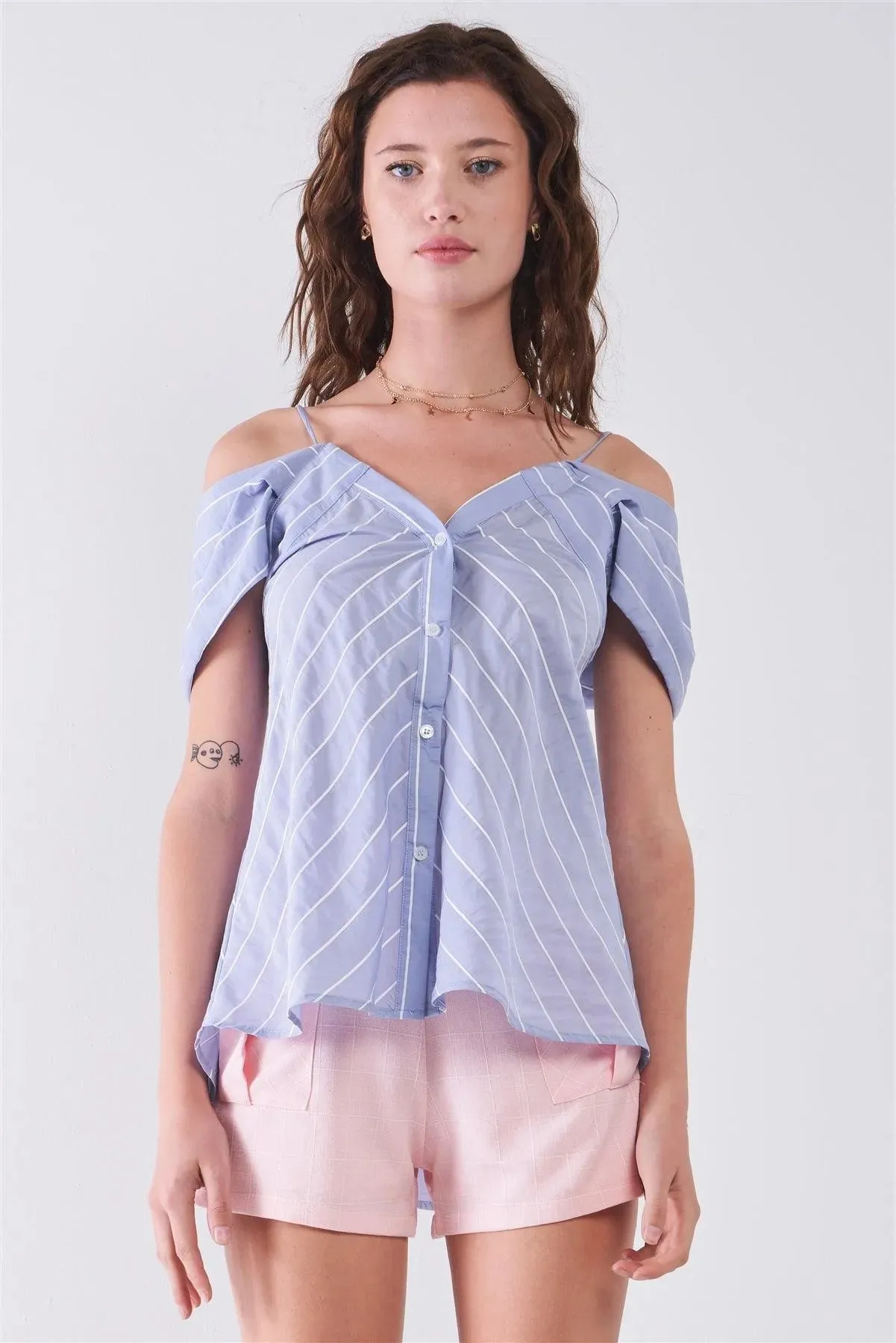 Light-Blue Striped V-Neck Off-The-Shoulder Short Sleeve Front Button Down Loose Fit Top /3-2-1