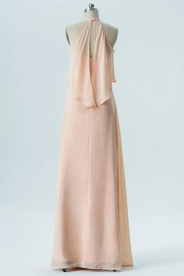 Light Orange Chiffon Halter Ruffled Bridesmaid Dress