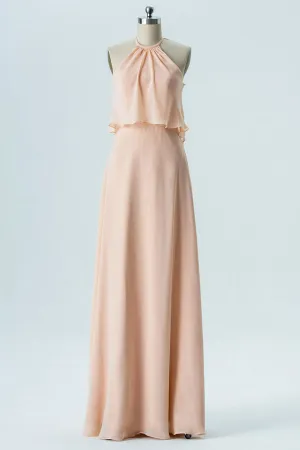 Light Orange Chiffon Halter Ruffled Bridesmaid Dress