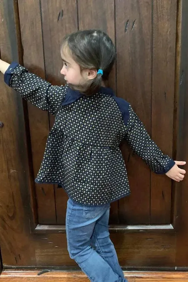 Little Toddler Girls Navy Printed Contrast Textured Trim Detail Side Tie Top