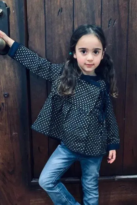 Little Toddler Girls Navy Printed Contrast Textured Trim Detail Side Tie Top