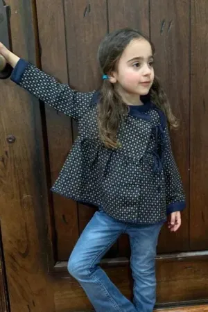 Little Toddler Girls Navy Printed Contrast Textured Trim Detail Side Tie Top