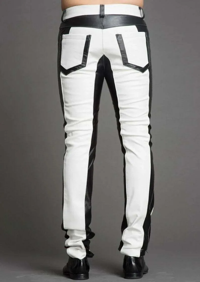 Men's Black & White Genuine Leather Trouser pants