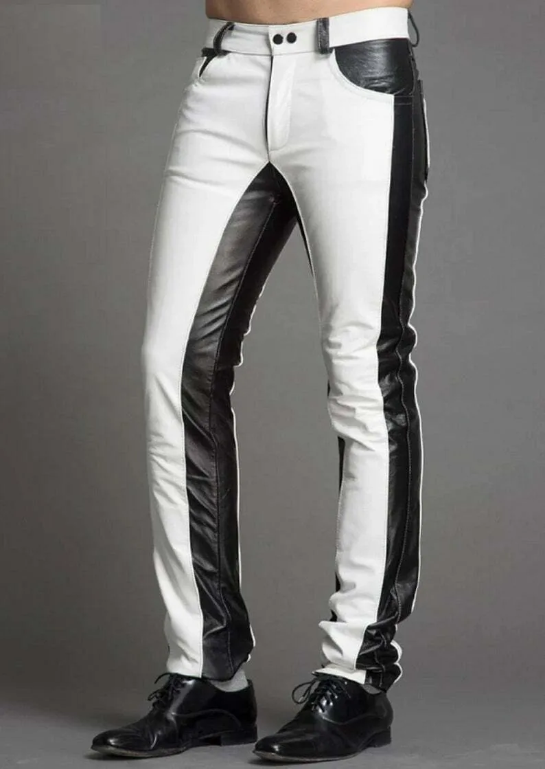 Men's Black & White Genuine Leather Trouser pants