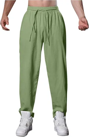 Mens Casual Linen Pants Lightweight Hiking Joggers Outdoor Beach Trousers Drawstring Elastic Waist Sport Pants Chino Pants Slim Fit