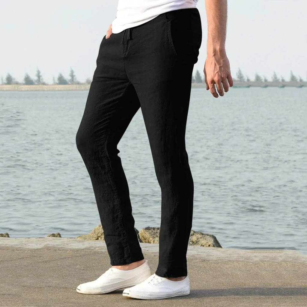 Mens Cotton Blend Casual Pants Slim Fit Drawstring Elastic Waist Straight Leg Pant Lightweight Summer Beach Trousers