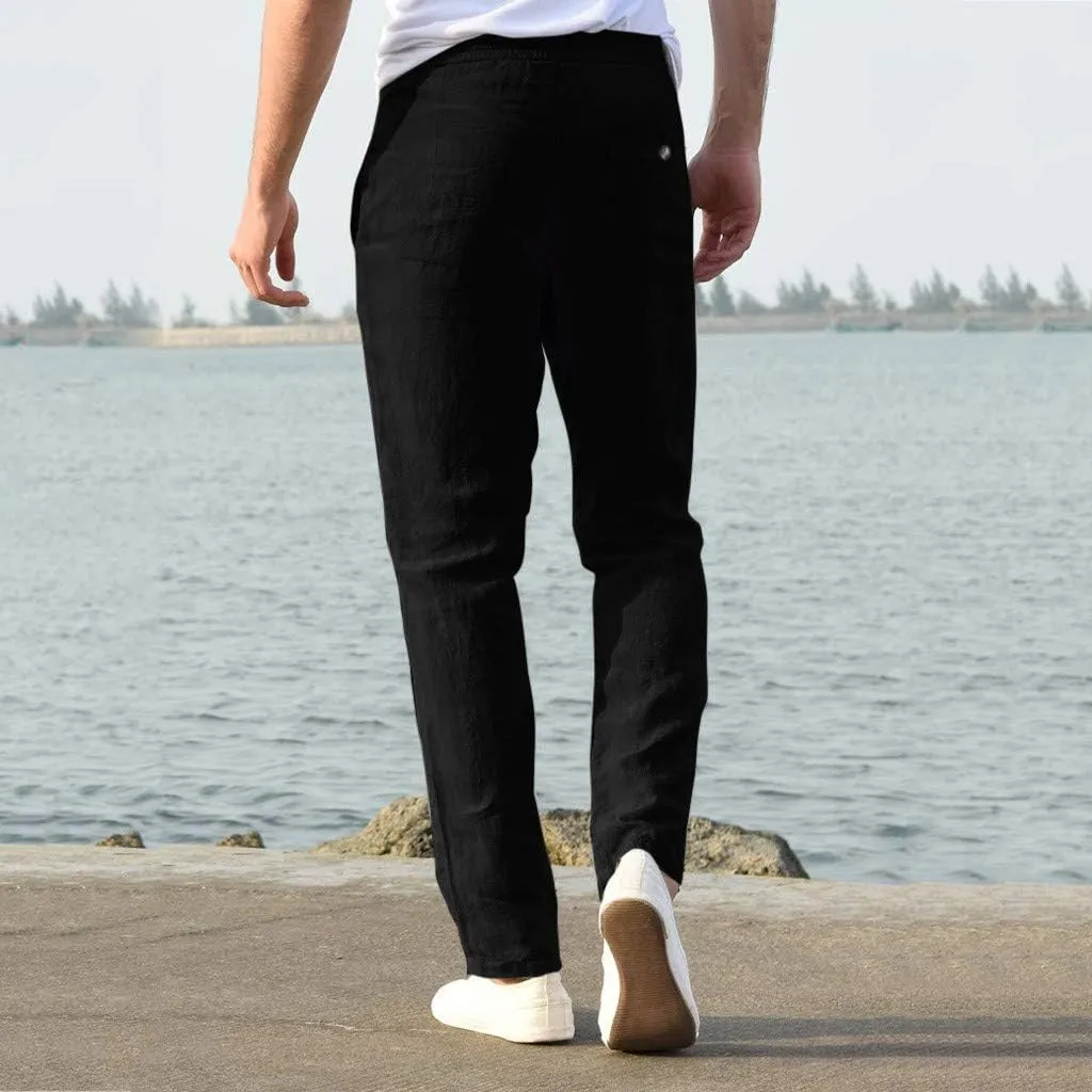 Mens Cotton Blend Casual Pants Slim Fit Drawstring Elastic Waist Straight Leg Pant Lightweight Summer Beach Trousers