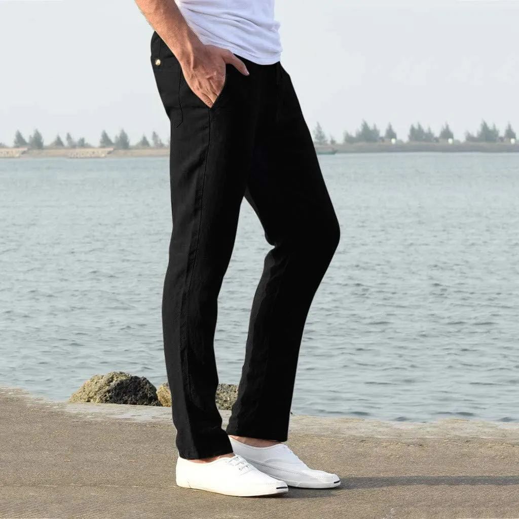Mens Cotton Blend Casual Pants Slim Fit Drawstring Elastic Waist Straight Leg Pant Lightweight Summer Beach Trousers