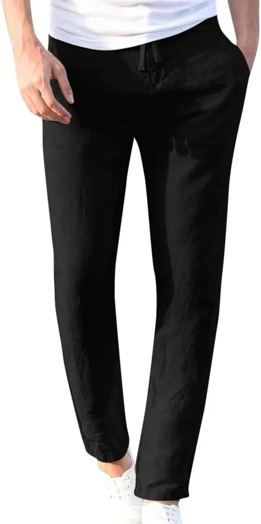 Mens Cotton Blend Casual Pants Slim Fit Drawstring Elastic Waist Straight Leg Pant Lightweight Summer Beach Trousers