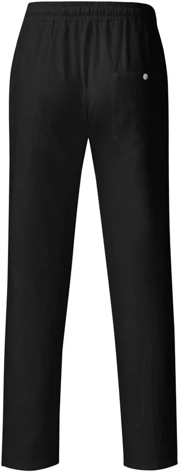Mens Cotton Blend Casual Pants Slim Fit Drawstring Elastic Waist Straight Leg Pant Lightweight Summer Beach Trousers
