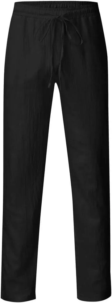 Mens Cotton Blend Casual Pants Slim Fit Drawstring Elastic Waist Straight Leg Pant Lightweight Summer Beach Trousers