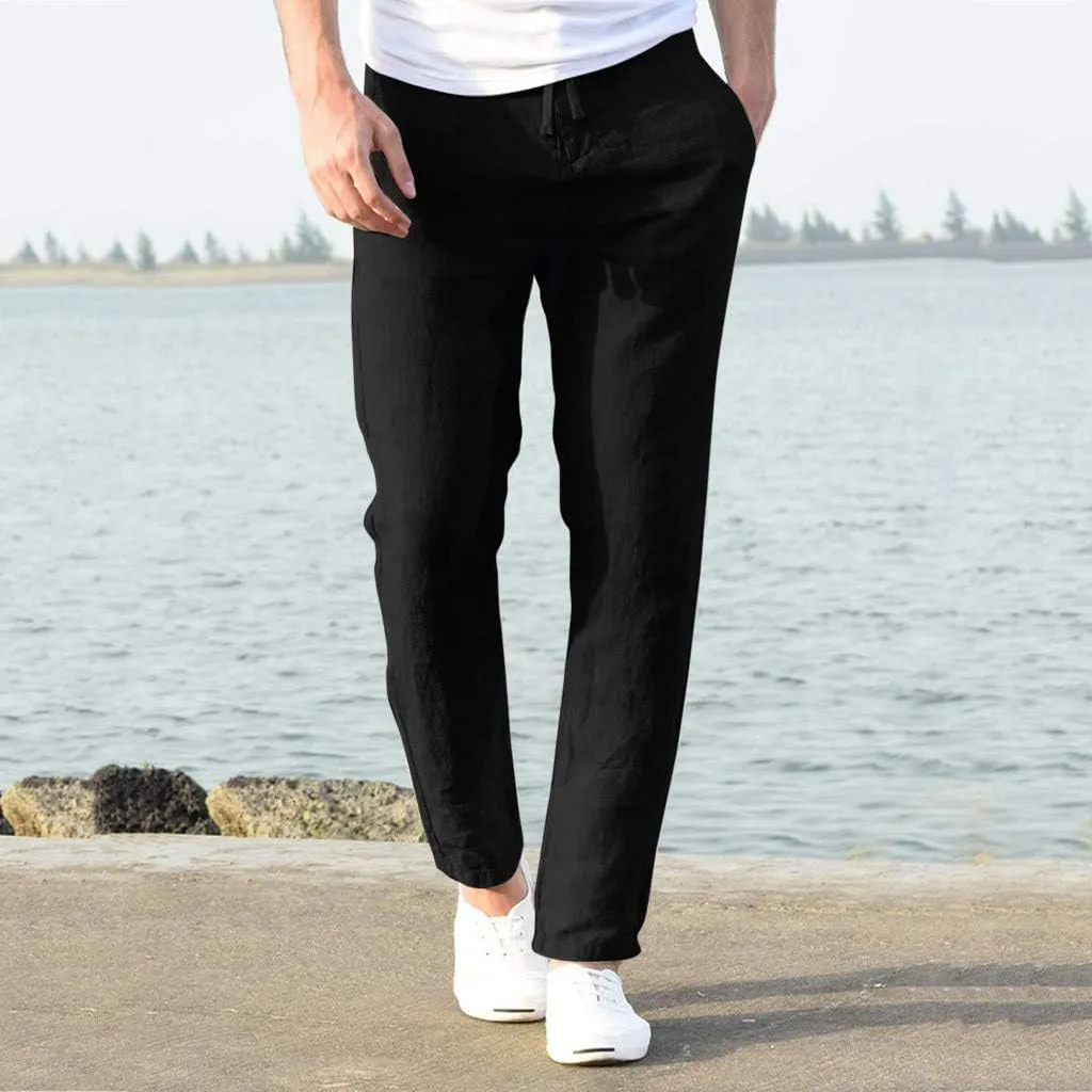 Mens Cotton Blend Casual Pants Slim Fit Drawstring Elastic Waist Straight Leg Pant Lightweight Summer Beach Trousers