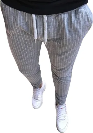 Mens Fashion Casual Striped Pants Dress Chino Long Pants Fit Drawstring Cotton Slack Trousers