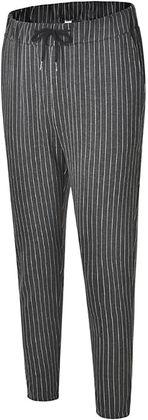 Mens Fashion Casual Striped Pants Dress Chino Long Pants Fit Drawstring Cotton Slack Trousers